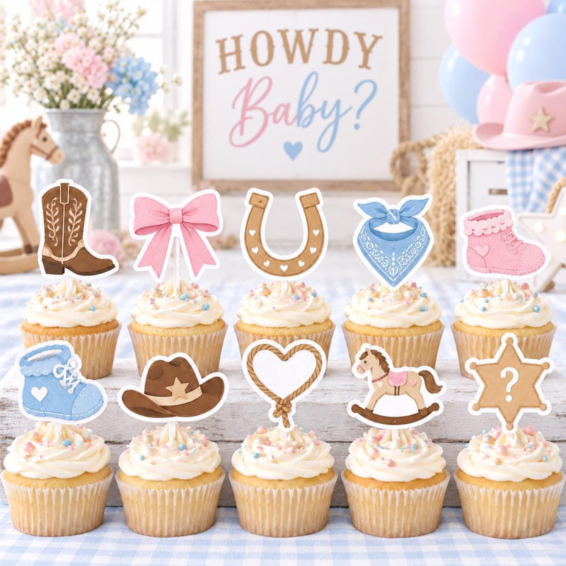 Décorations pour cupcakes Bottes ou nœuds, Décoration pour fête de révélation du sexe, Lot de 10 décorations en carton