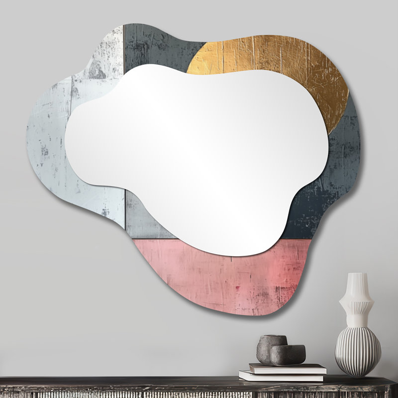 Geometric Gold Pink And Grey Pure Form XI - Geometric Irregular Asymmetrical Mirror, Modern Wall Mirror, Printed on Metal