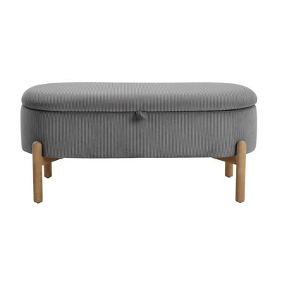 Storage Bench Gray Cushioned Seat Corduroy Upholstery Lift Top Solid Wood Legs 1Pc