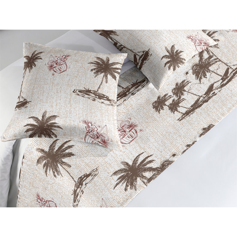Ambesonne Island Life Bed Runner Set Tropical Isle and Palm Eggshell Taupe Raspberry, King