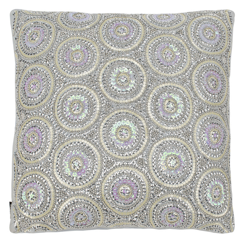 Beige and Silver Beaded 20" Square Throw Pillow