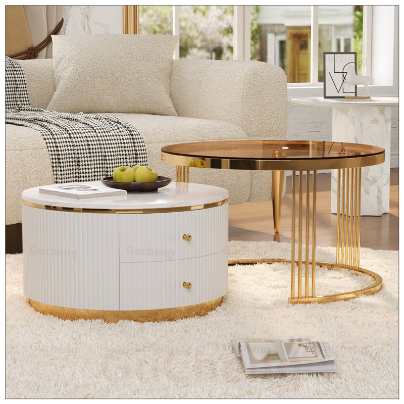 Table basse gigogne moderne 2 pièces avec tiroirs et plateau en verre trempé Modern