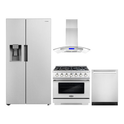 4 Piece Kitchen Package With 36" Freestanding Gas Range 36" Island Range Hood 24" Built-in Fully Integrated Dishwasher & Side By Side Refrigerator