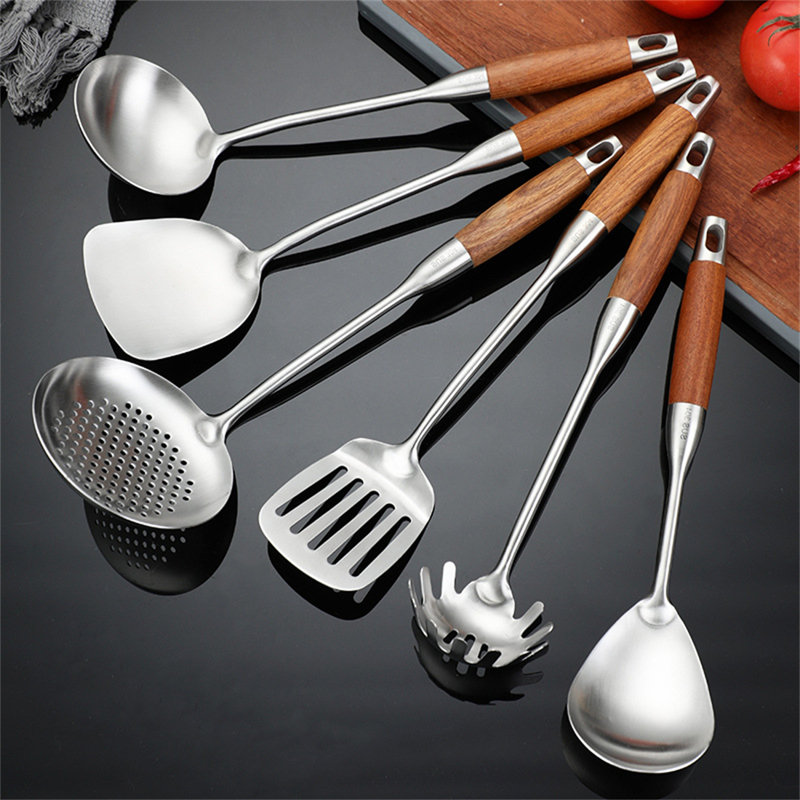 6 ustensiles de cuisine en acier inoxydable 304 avec poignées en bois épais - Spatule, cuillère rainurée et louche