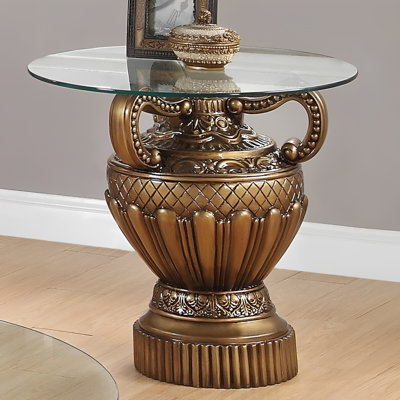 Hand Carved Round End Table in Copper Finish with Ornate Traditional Design