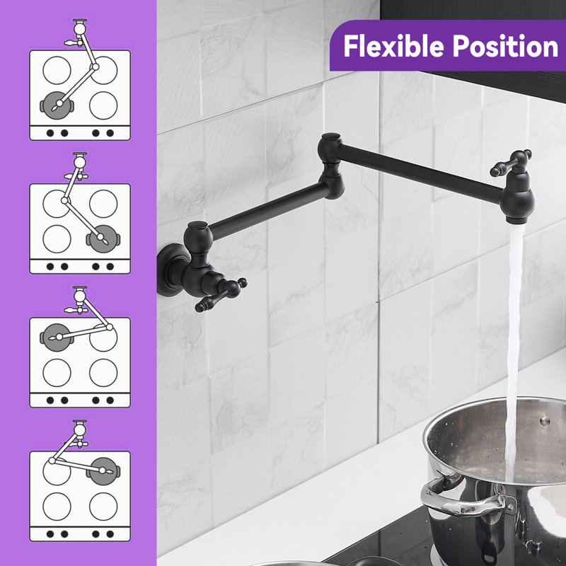 Pot Filler Faucet, Wall Mount Copper Folding Faucet 2 Handle With Double Joint Swing Arms, Single Hole Brass Commercial Kitchen Faucet Over Stove