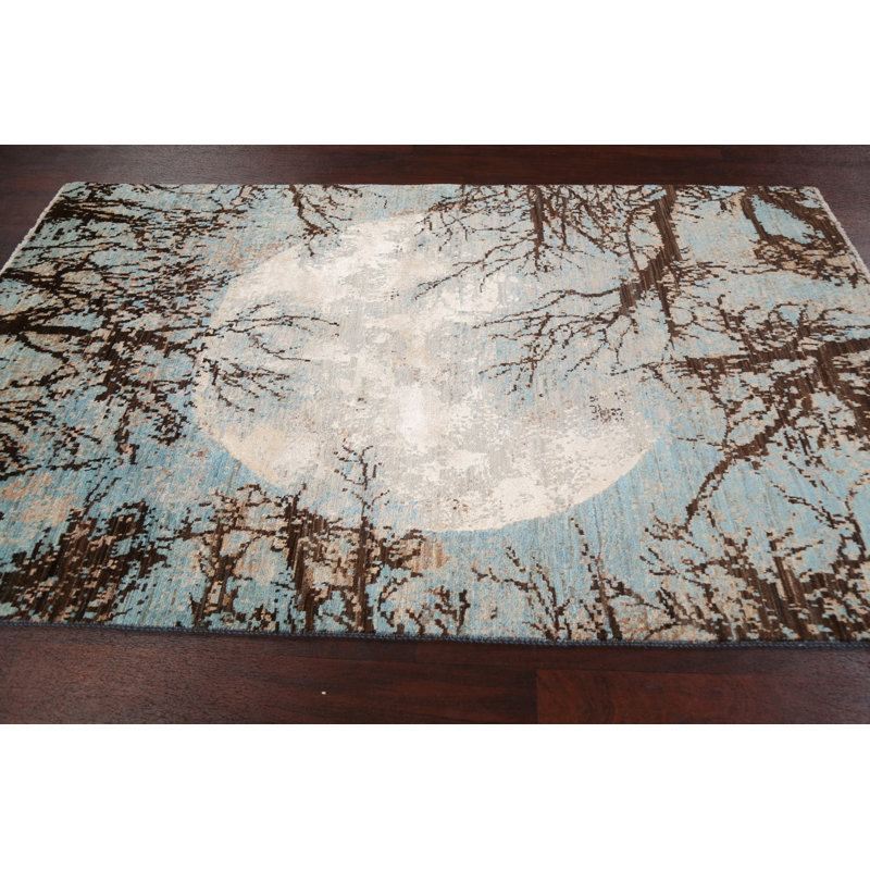 Tapis bleu / brun / gris noué à la main de conception unique 4 pi 7 po x 7 pi 5 po New Age