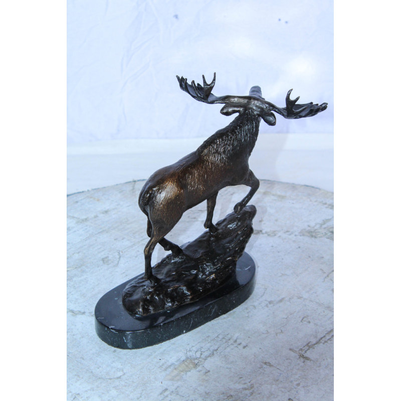 Bronze Moose Statue on Marble Base with Antlers Raised 10" x 6" x 9"H