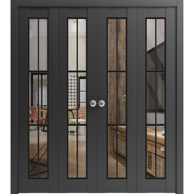 Sliding Closet Double Bi-fold Doors 96" x 84" (4* 24x84) Lucia 2366 Matte Black with Clear Glass Sturdy Tracks Moldings Trims Hardware Set Wood Solid Bedroom Wardrobe Doors