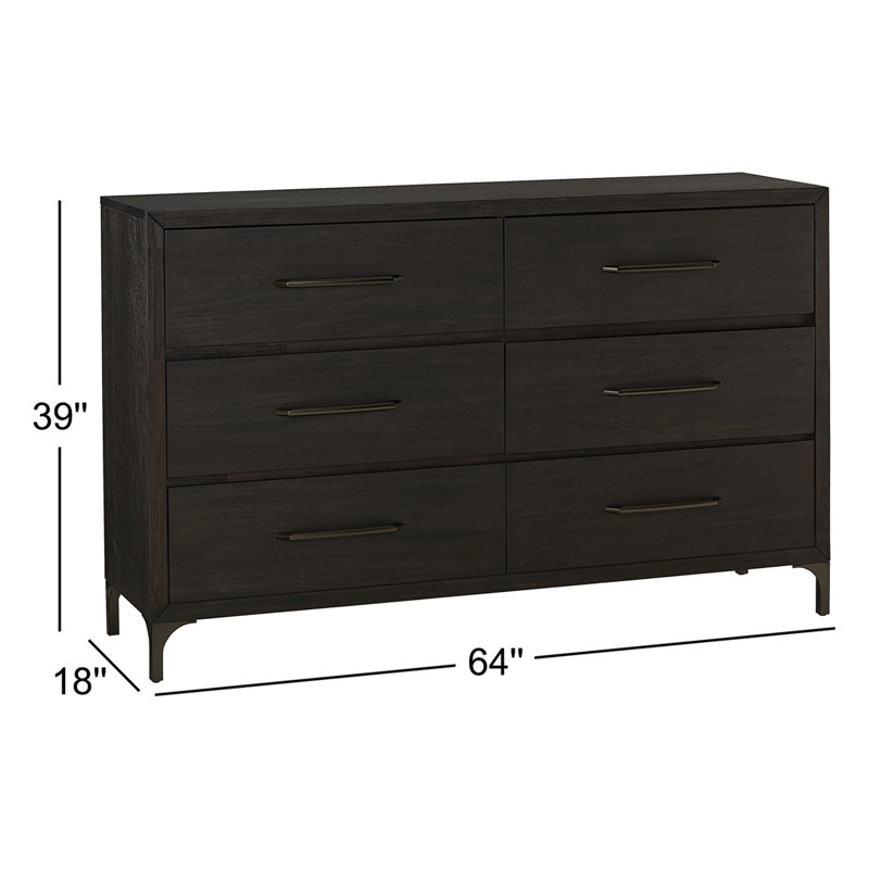Taraji Six-Drawer Metal Leg Dresser In Vintage Coffee, Café rétro