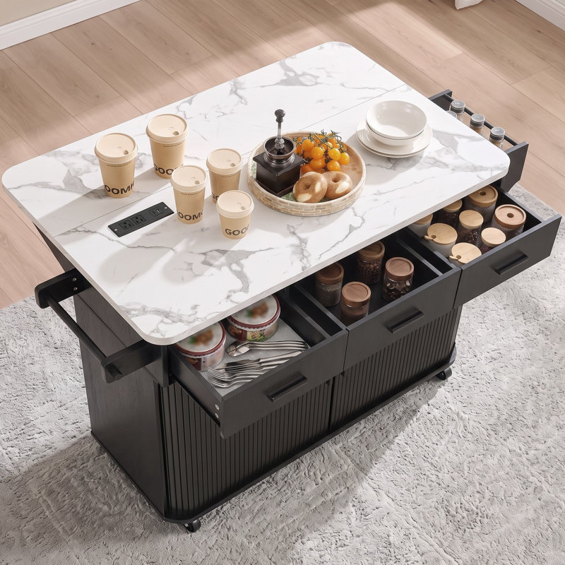 Îlot de cuisine de 136 cm avec rangement et porte coulissante, chariot de cuisine à roulettes avec prise électrique, abattant, 3 tiroirs, étagère à épices et porte-serviettes, table îlot en imitation marbre pour la cuisine, noir