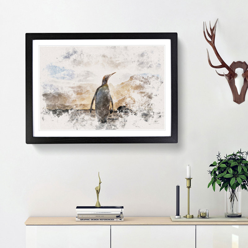 King Penguin - Picture Frame Painting Print on MDF, Black Framed, 33cm H x 45cm W x 2cm D