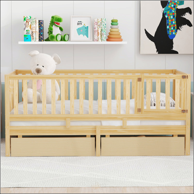 Lit de jour simple en bois avec garde-corps et rangement, divisé en deux lits pour une flexibilité maximale, Naturel