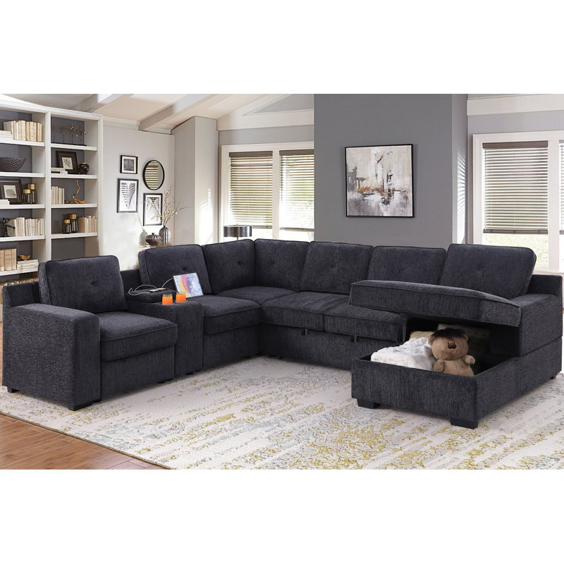 U-Shaped Sectional Sofa Bed Pull Out Sleeper Couch With Storage Chaise, Dark Gray