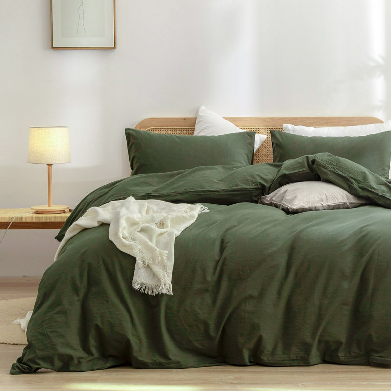 BESTOUCH Duvet Cover Set 100% Washed Cotton Linen Feel Lightweight, King Duvet Cover + 2 King Pillowcases, Olive Green