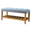Banc chic bleu avec tablette en chêne et coussin rembourré