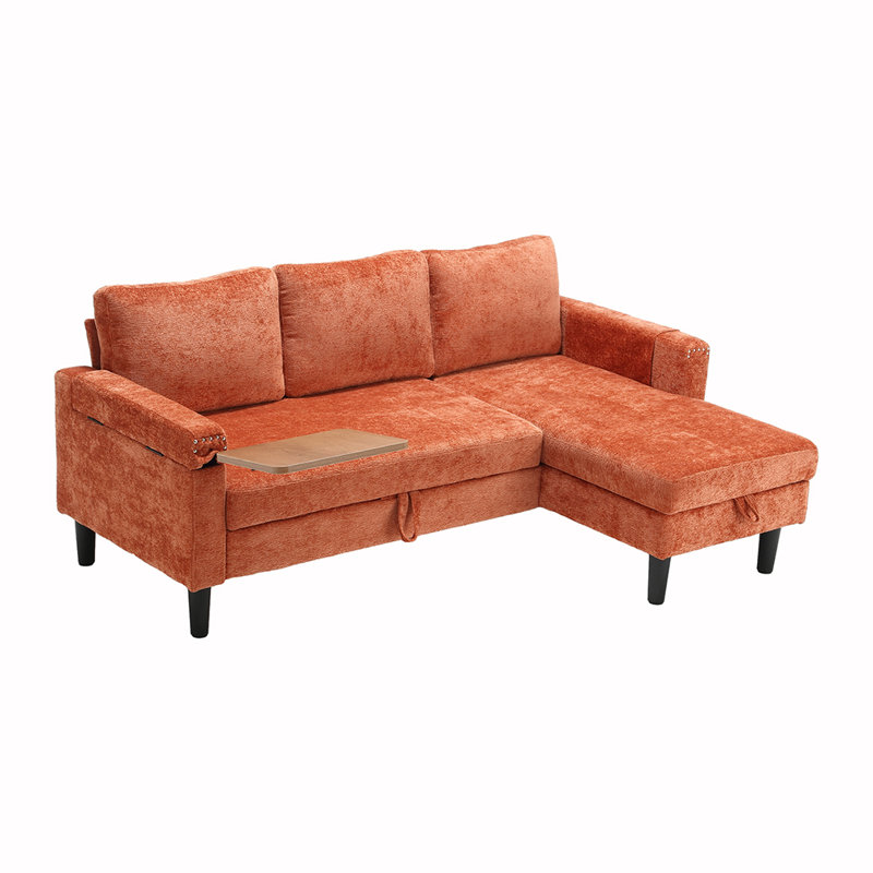 Sectional Sofa Reversible Sectional Sleeper Sectional Sofa with Storage Chaise, Orange Chenille