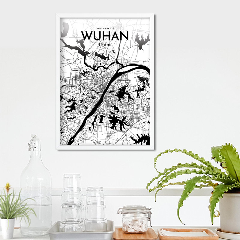 Carte de la ville de Whan, impression, Noir et blanc, H 27,6 po x l 19,7 po