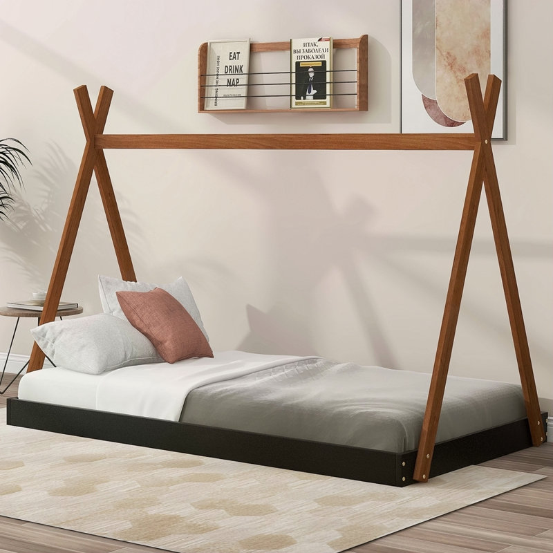 Tent Floor Bed With Triangle Structure, Black/Brown, Twin