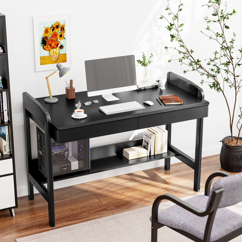 Solid Wooden Desk with Drawers, Manual Standing Desk Adjustable Height with Cable Hole, 31.7" H x 40.5'' W x 23.6'' D, Black