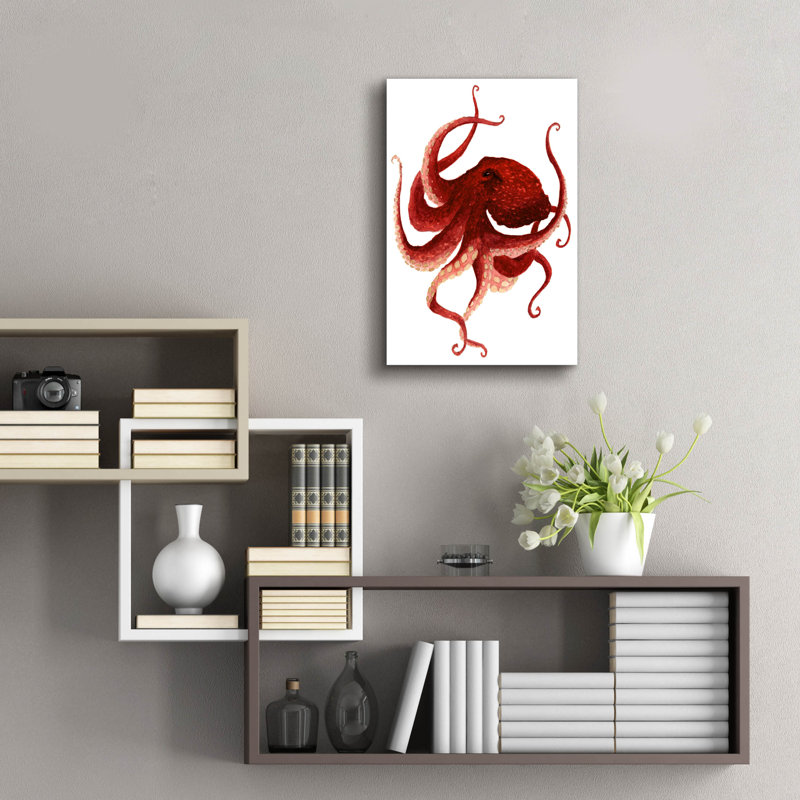 Art mural en verre Breakwater Bay «Giant Pacific Octopus, Red» par Jeannine Saylor, H 24 po x l 16 po x P 0,2 po