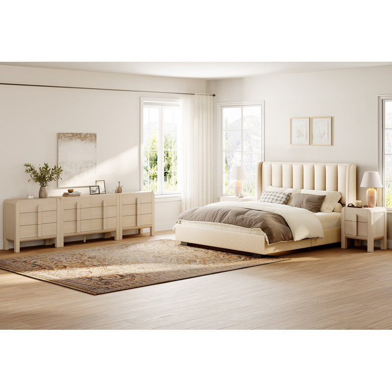 Ensemble de chambre à coucher 5 pièces, commode double en bois et ensemble de table de chevet, ensemble de 2 tables de chevet, commode à 12 tiroirs avec profil incurvé, ensemble de commode Mid-Century moderne