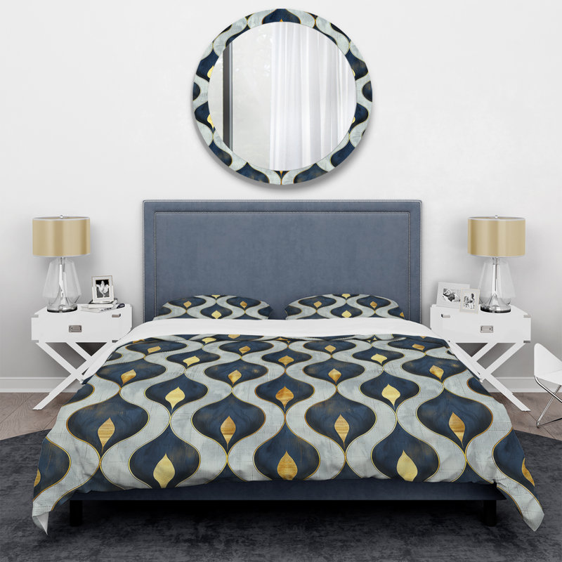 Blue Gold Ogee Patten IV - Modern Duvet Cover Set, King Duvet Cover + 2 King Shams