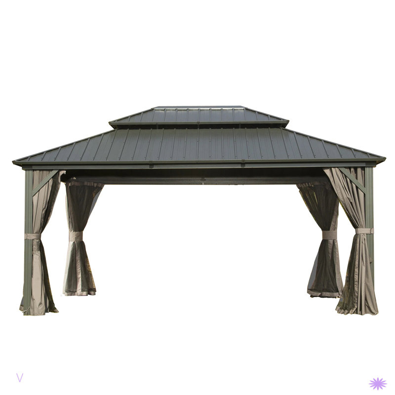 Outdoor Gazebo with Galvanized Steel Double Roof, 120.89" H x 166.49" W x 142.98" D, Brown