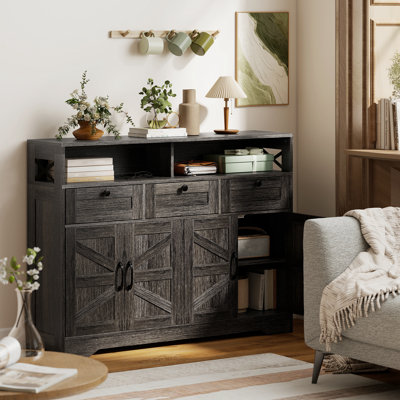 Buffet, buffet avec 4 portes de grange et 3 tiroirs brun foncé