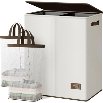 Panier à linge de luxe double avec couvercle et sacs amovibles, grand panier à linge, panier à linge 2 sections, panier à linge pliable pour chambre à coucher, salle de lavage, salle de bain, blanc cassé