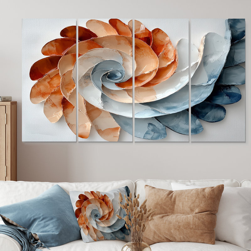 Pétales bleus et blancs dorés en spirale «I» - ensemble d'art mural abstrait en spirale, H 32 po x l 64 po