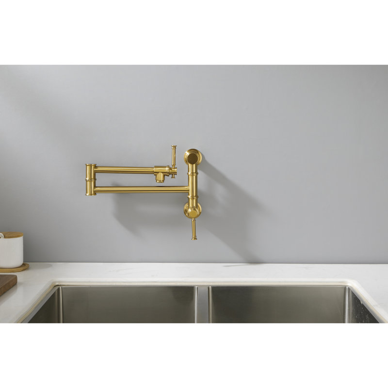 Modern Brushed Gold Pot Filler Faucet - Wall Mounted Brass Double Handles For Precise Water Control Coating Construction Arm Versatile Use Drip- Design