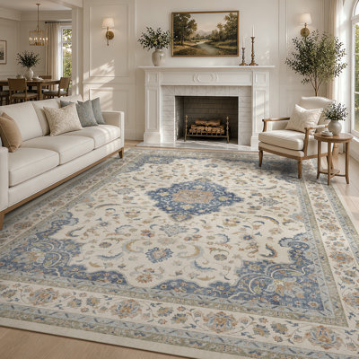 Soft Vintage Floral Washable Area Rug with Non-Slip Backing for Living Room and Bedroom