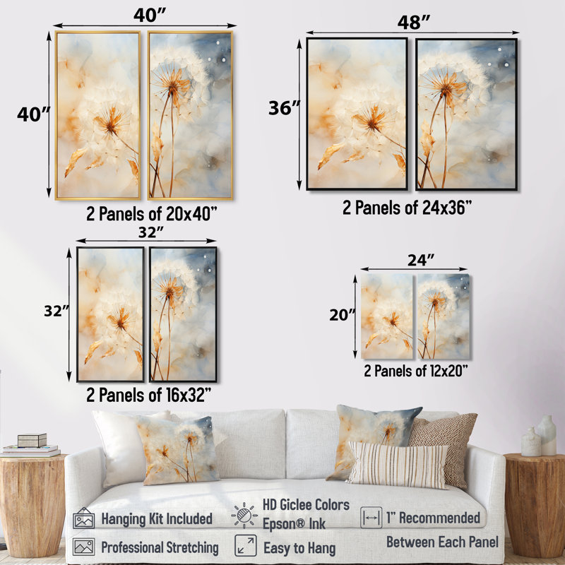 Pissenlit pétale pureté - ensemble d'art mural traditionnel de 2, 32" H x 32" W, Impression encadrée flottante, Brown