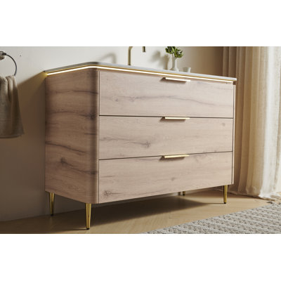 Meuble-lavabo de salle de bain 48 po Amara, armoire de rangement en contreplaqué ultra-mince à rebords courbés autoportants, 3 tiroirs, lavabo intégré en pierre frittée blanc de Carrare, pré-assemblé, couleur grain de bois de chêne clair