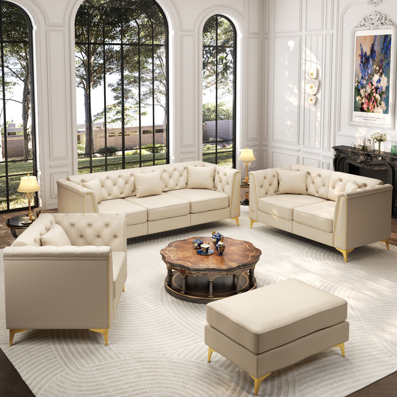 Ensemble de canapés luxueux 4 pièces Chesterfield, 4 Pieces: Chair, Loveseat, Sofa, Ottoman, Beige