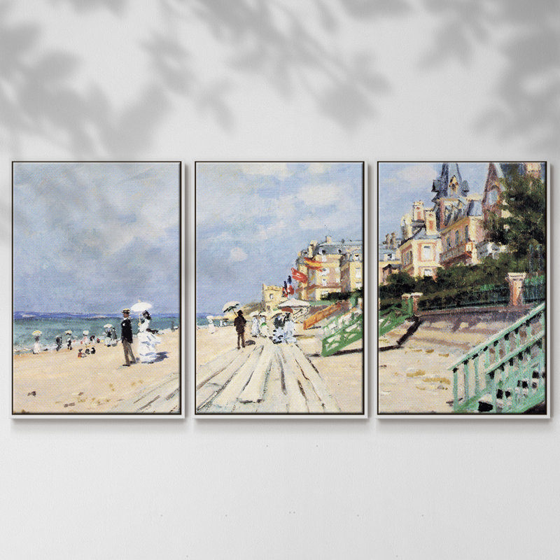 Plage à Trouville par Monet 3 pièces, H 24 po x l 48 po x P 2 po, Blanc
