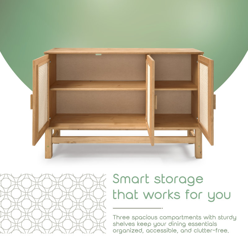 3-Door Natural Wood Sideboard with Woven Rattan Doors
