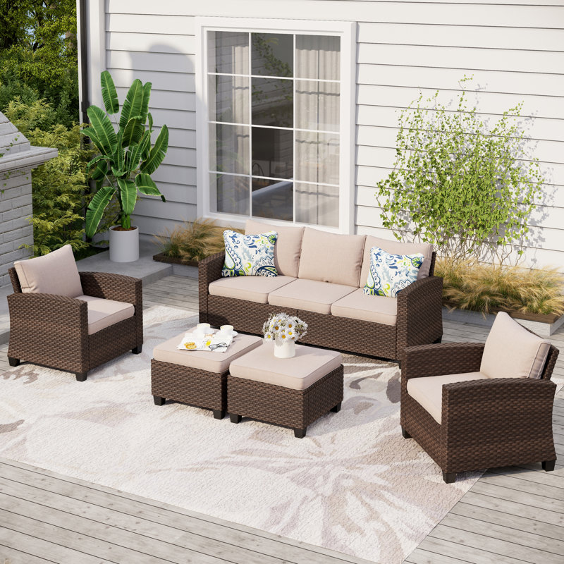 Argyri 7 - Person Outdoor Wicker Patio Conversation Furniture Set with Table, No, Beige