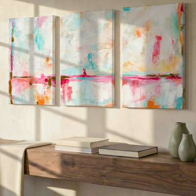 3 Pieces Exculisive Pastel Aqua Pink and Coral Gestural Abstract Large Wall Art Modern Landscape, Canvas Decor for Living Room, Bedroom and Office