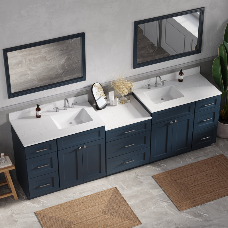 Plateau de meuble-lavabo double en bois massif avec tiroir à queue d'aronde et comptoir Carrara, Bleu, 103"