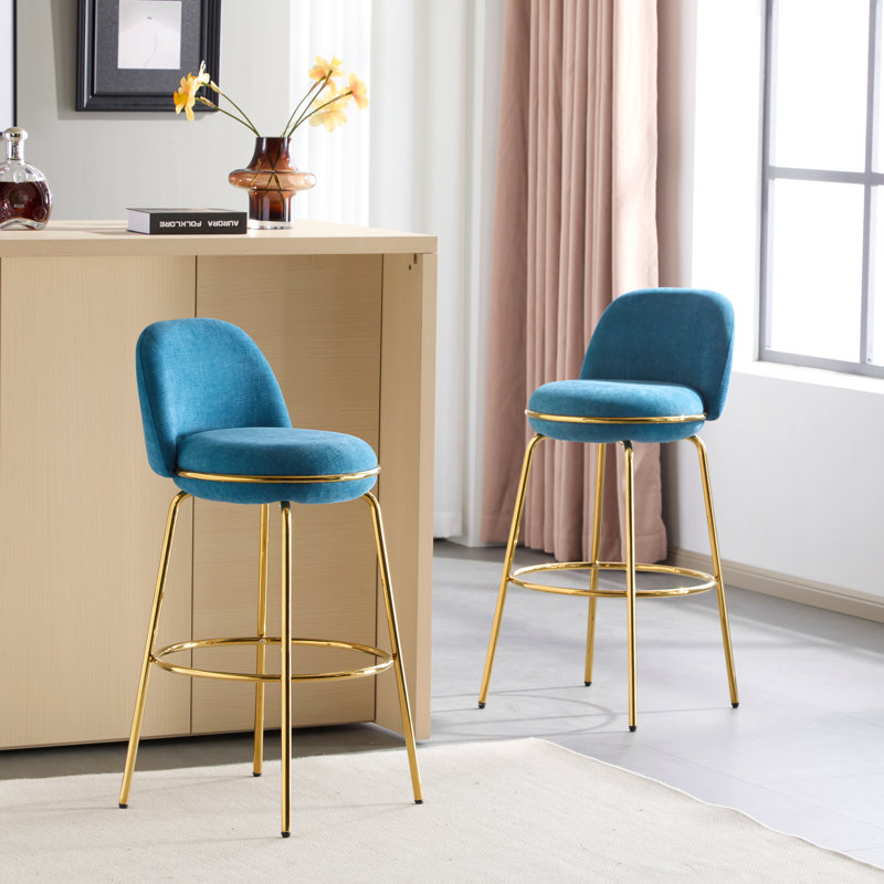Indoor Metal Upholstered Barstool, Gold Finished Frame And Blue Upholstery, Set Of 2