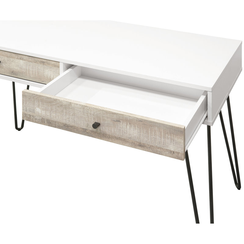 Taupe Desk With 2 Storage Slots And Metal Accents - Space Efficient Workspace Oak Reading Table Drawers Saver For Areas