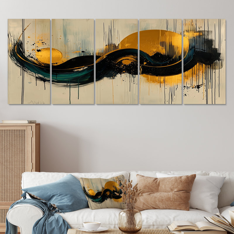 «Gold», jeu optique en spirale «V» - art mural Constructivism - ensemble de décorations murales modernes, H 32 po x l 80 po