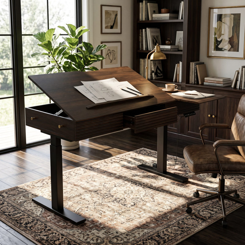 Bureau électrique réglable 47,2 "avec surface de dessin inclinable, 3 préréglages de hauteur mémoire, rangement caché et poste de travail latéral extensible