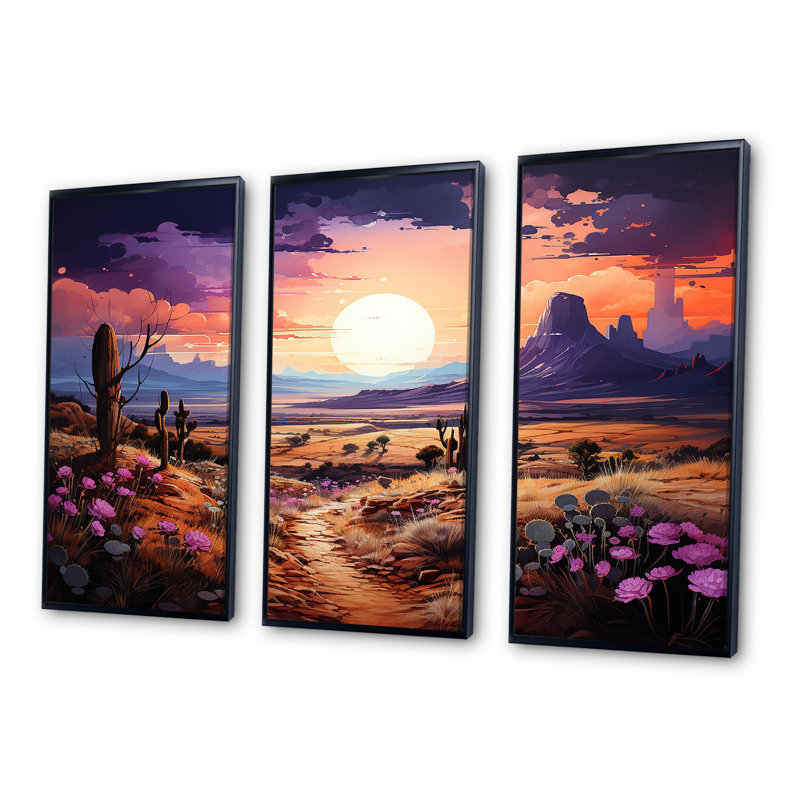Violet Vista Cactus - ensemble d'art sur toile cactus floral, Cadre flottant noir, H 40 po x l 60 po x P 1 po