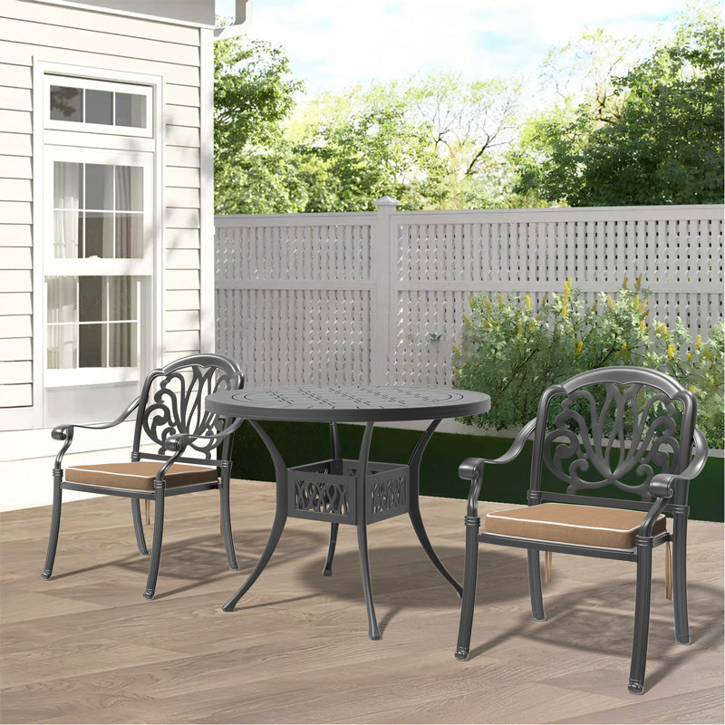 Ensemble de 3 meubles de patio en aluminium coulé avec coussins bruns, 2