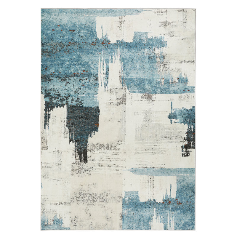 Tapis bleu abstrait Rececca, tapis de sol lavable résistant aux taches, Rectangle 5 pi x 7 pi
