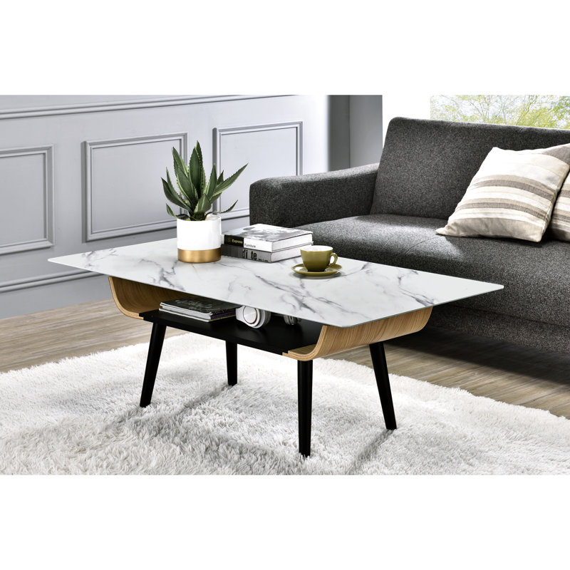 Table basse à texture de marbre blanc 47 po, bois cintré, table à pieds réglable avec surface en verre et tablette