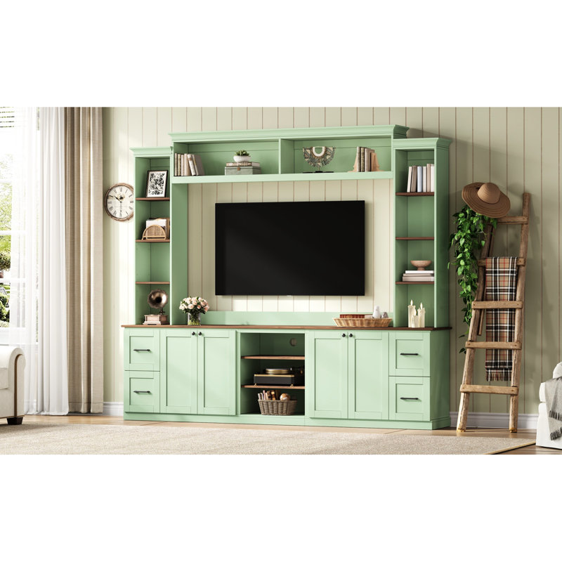 Meuble télé 41 po pour téléviseur de 70 po ou moins, meuble télé Mint avec tablettes en noyer, console média rétro élégante, tiroirs et support de trou de câble réglable